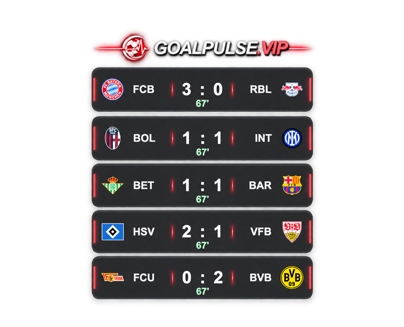 GoalPulse.vip OBS overlay preview with club logos and example scores